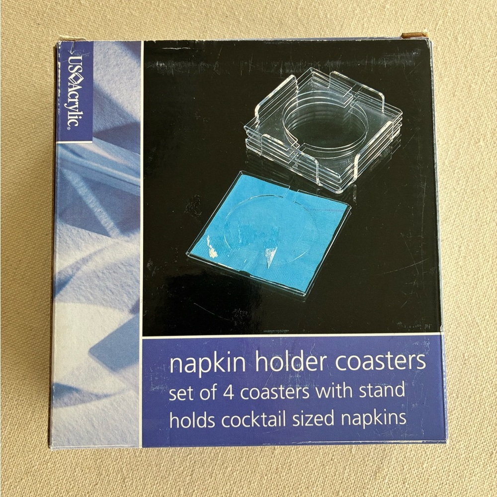 Acrylic Napkin Holder Coasters Set—VINTAGE BUT UNUSED IN ORIGINAL BOX!